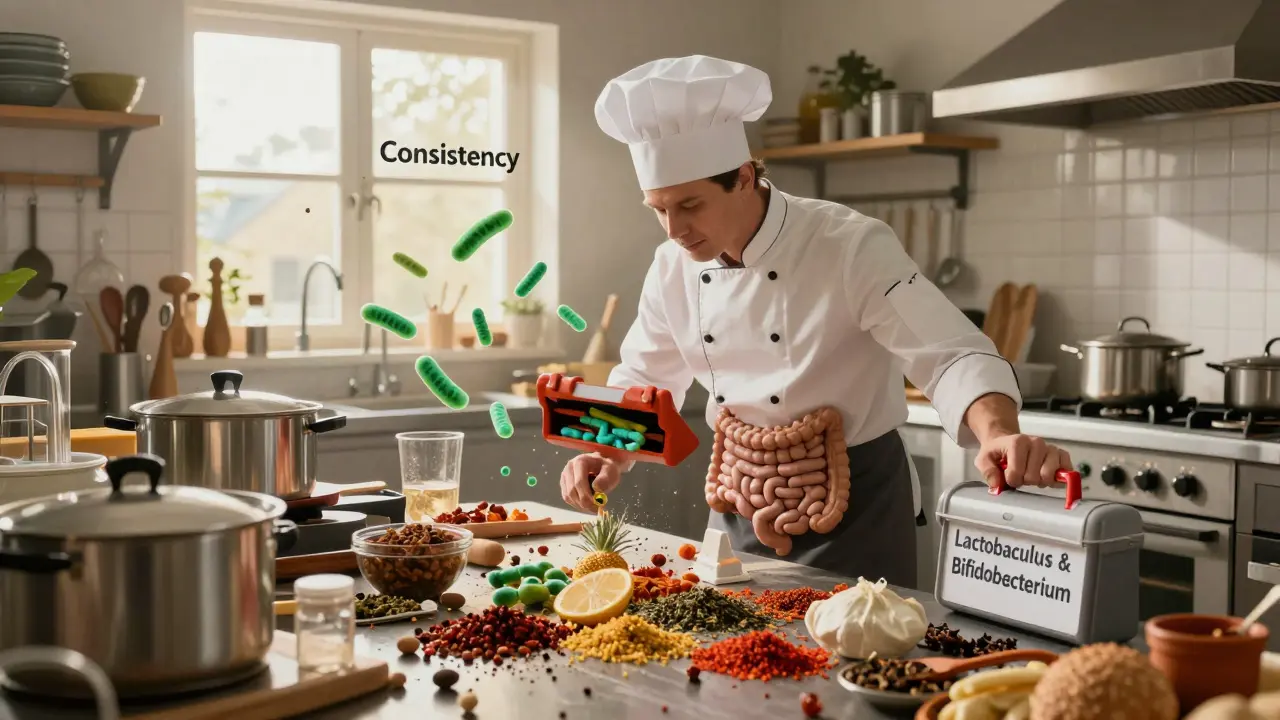 Nový kuchař v kuchyni symbolizuje probiotika v trávicím traktu.