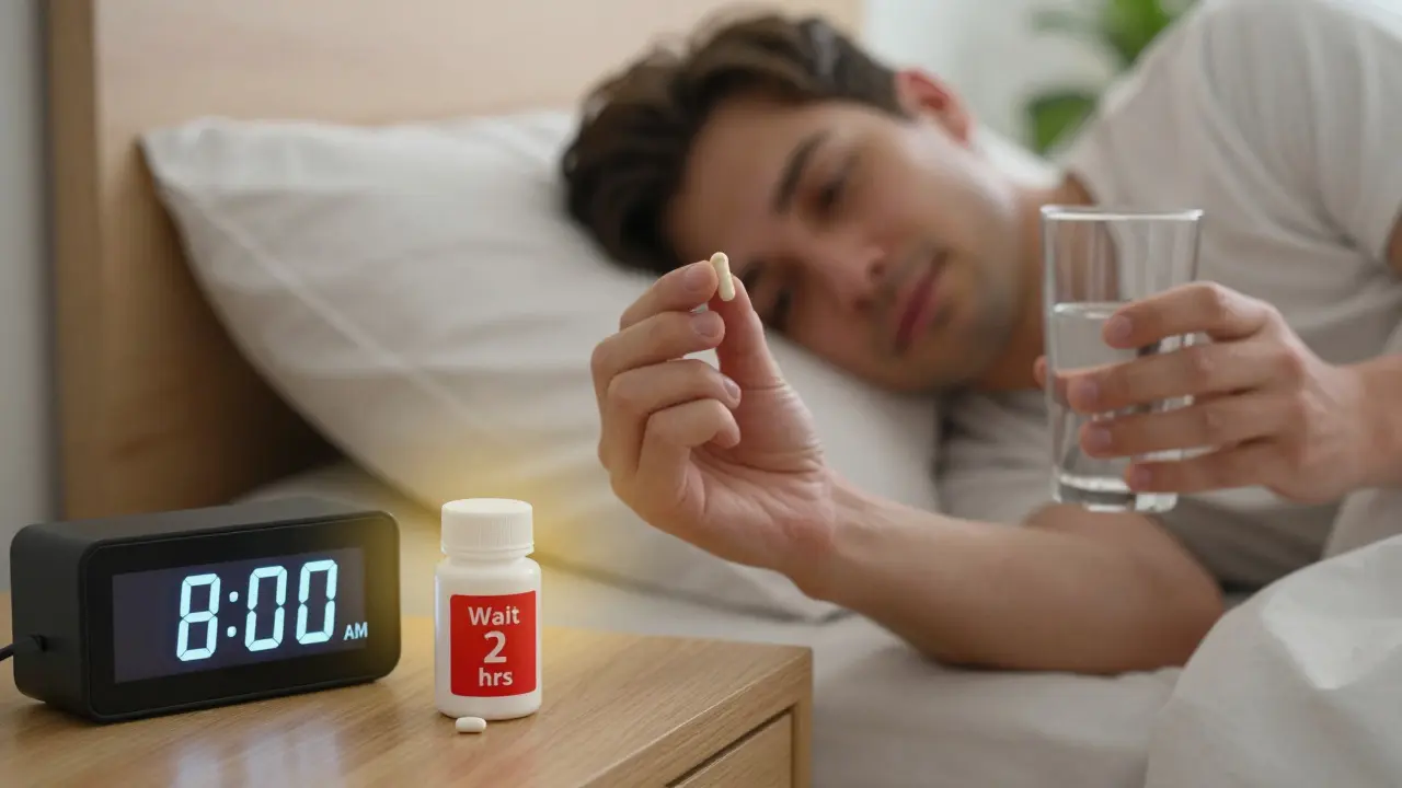 Osoba beroucí probiotikum ráno, zatímco antibiotikum leží na nočním stolku s upozorněním 'Počkej 2 hodiny'.