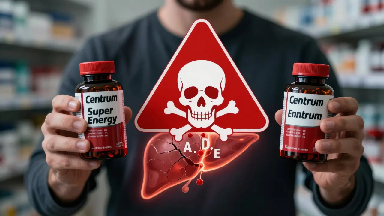 Osoba drží dvě láhve doplňků s červenou varovnou značkou mezi nimi, jedna láhev praská a vylévá přebytečné vitamíny.