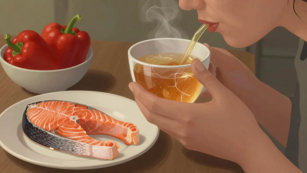 Osoba pije vývar z kostí při snídani, vedle ní losos s kůží a červená paprika.