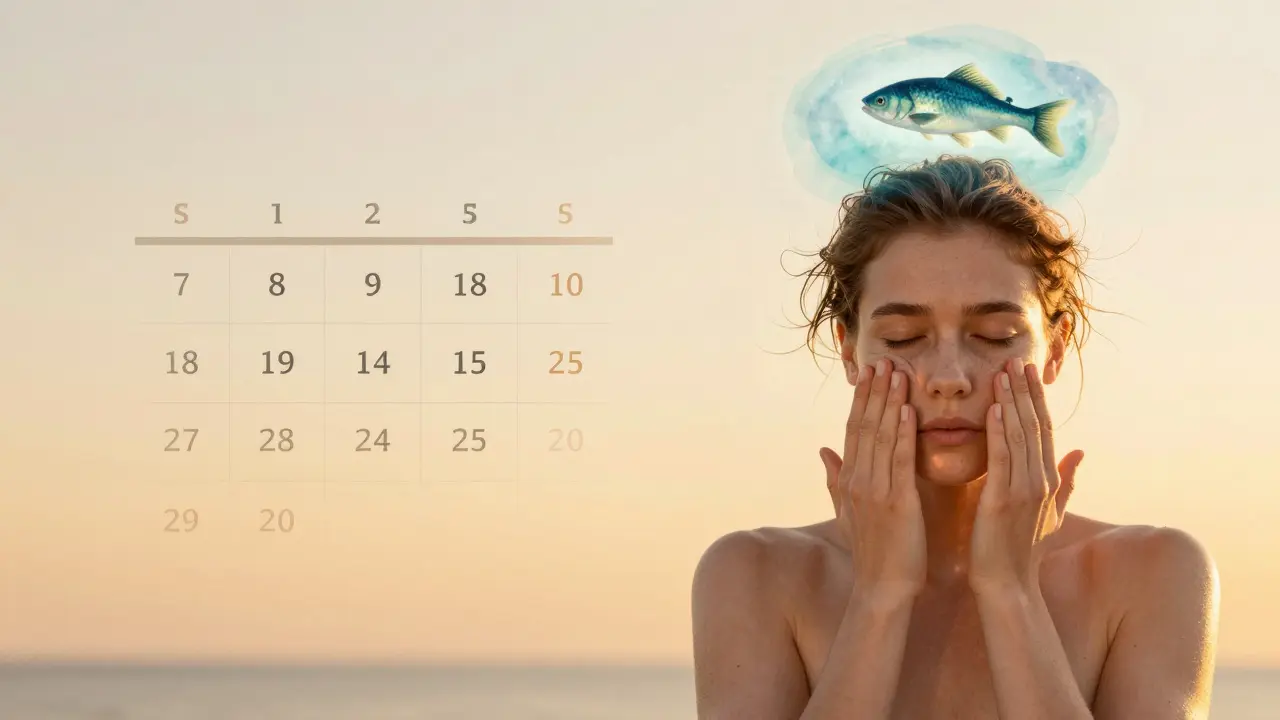 Osoba s omladěnou pokožkou a zdravými nehty stojí vedle kalendáře s označenými 8 týdny.