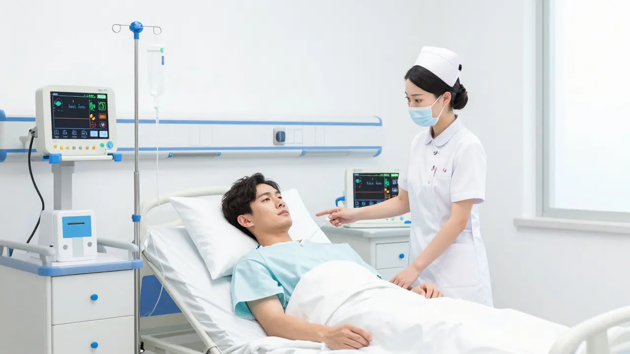 Pacient v nemocnici s monitorováním životních funkcí
