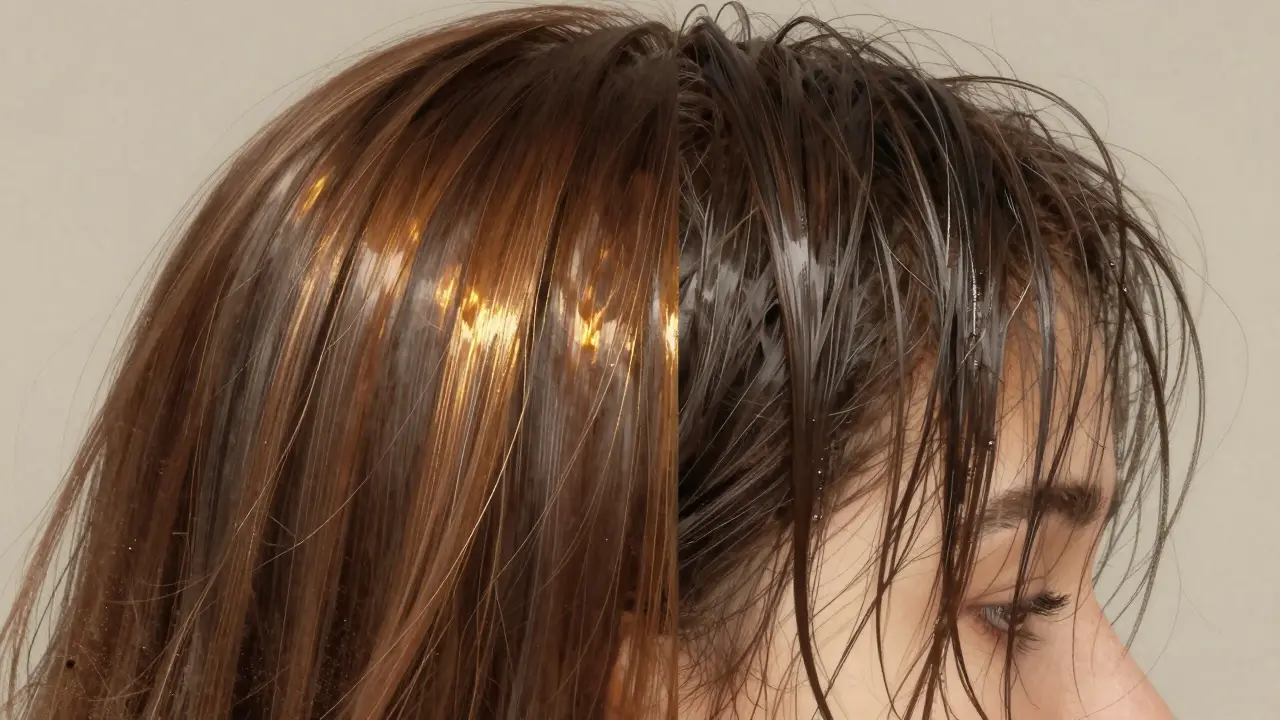 Porovnání zdravých a přetížených vlasů pomocí různých olejů.