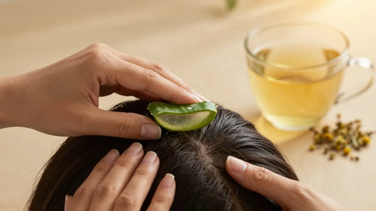Ruce aplikují aloe veru na kůži hlavy s jablečným ocetem a kamomilovým čajem