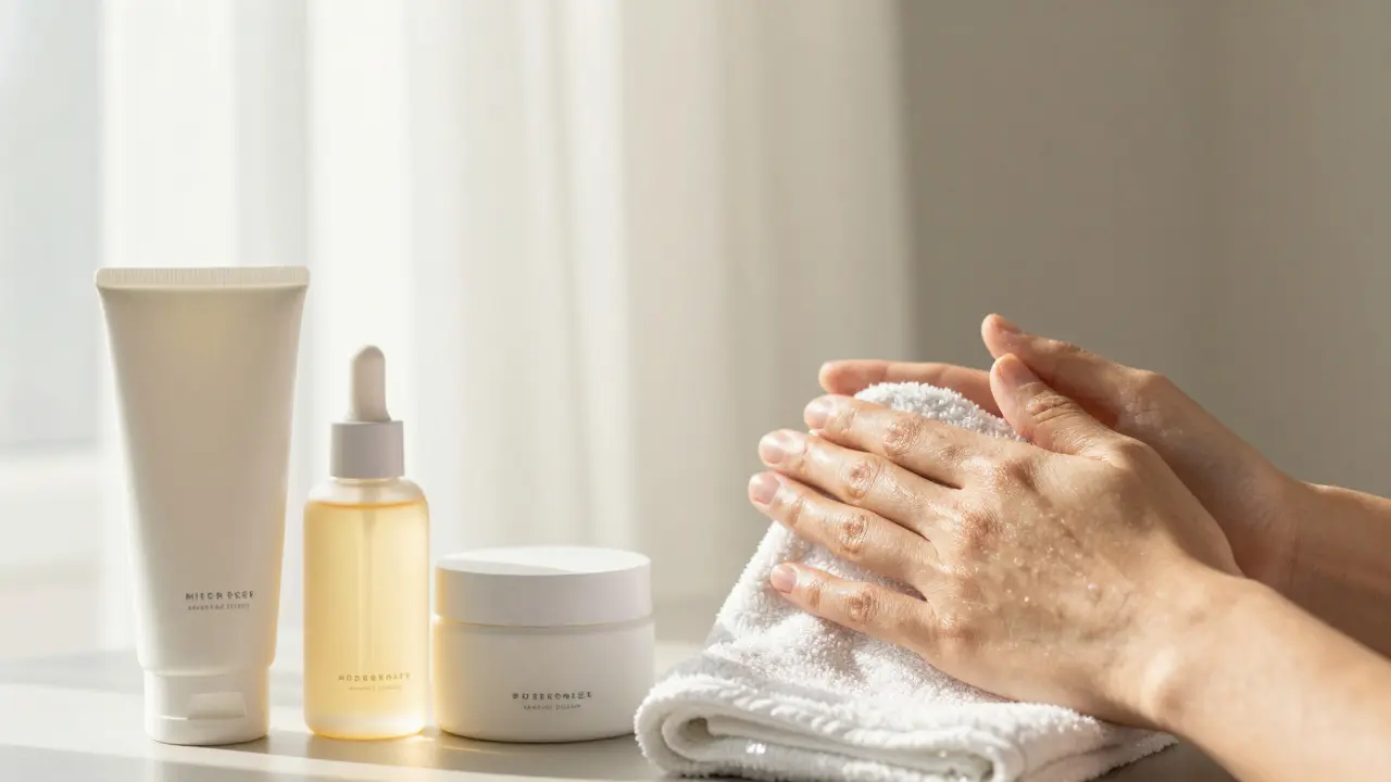 Ruce jemně suší obličej po čištění, vedle nich jsou léčivé přípravky bez popisků.