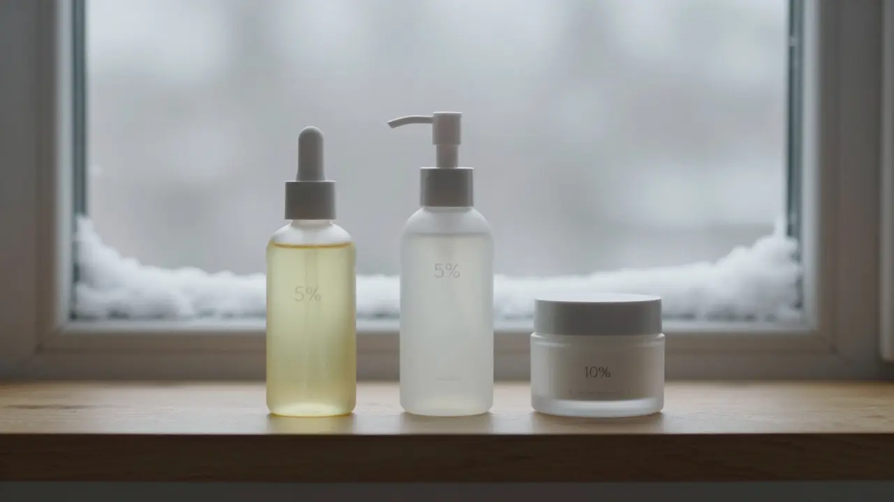 Tři jednoduché produkty pro hladkou kůži na dřevěné polici v zimním světle.