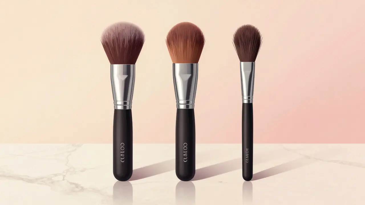 Tři kvalitní štětce na make-up leží na mramorové ploše: na podklad, růž a stíny.