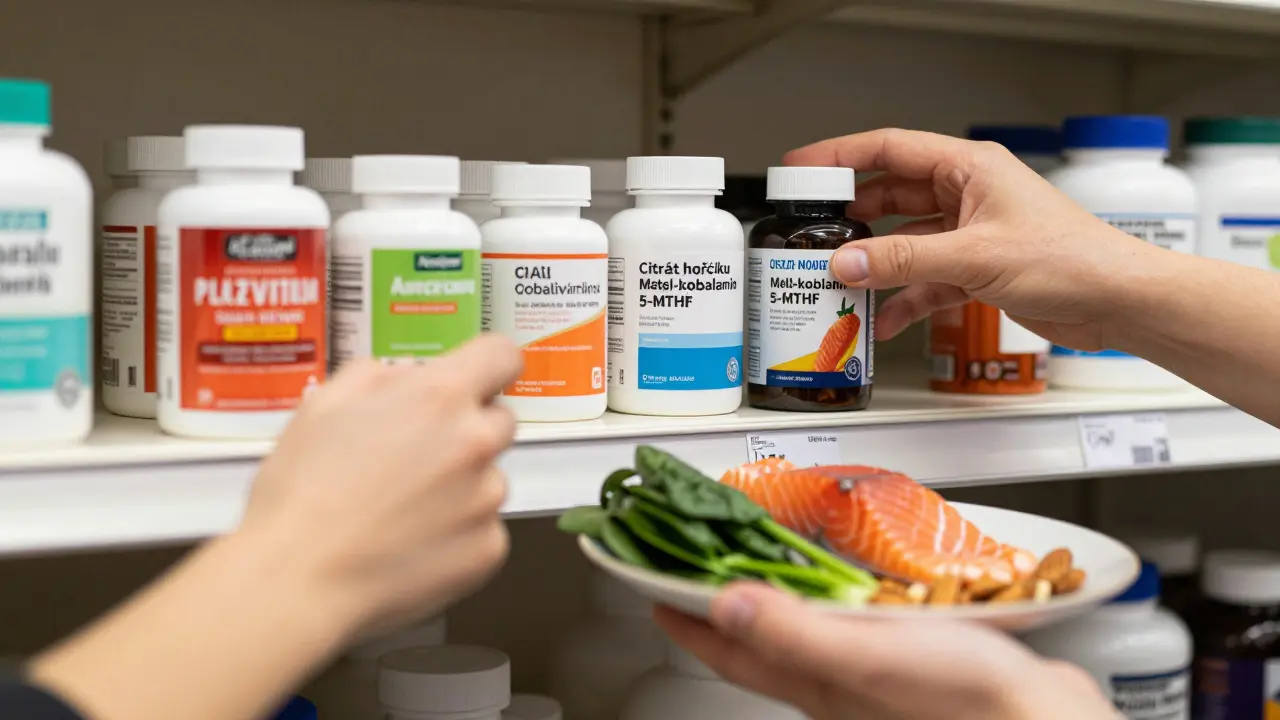 Tři ruce vybírají mezi běžnými a kvalitními doplňky výživy s potravinami.