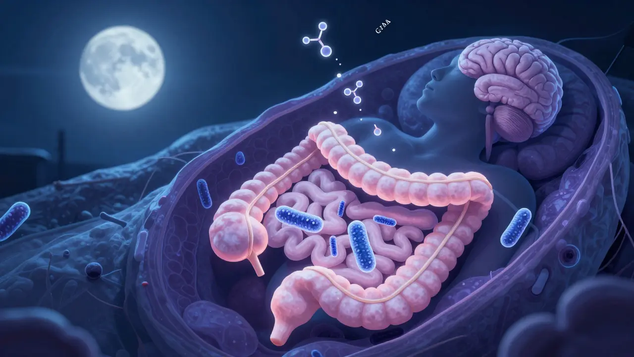Vnitřní pohled na střevo v noci s aktivními probiotickými bakteriemi a GABA.