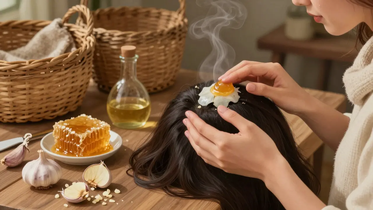 Žena aplikuje masku z česnku a medu na kůži hlavy s přírodními surovinami.