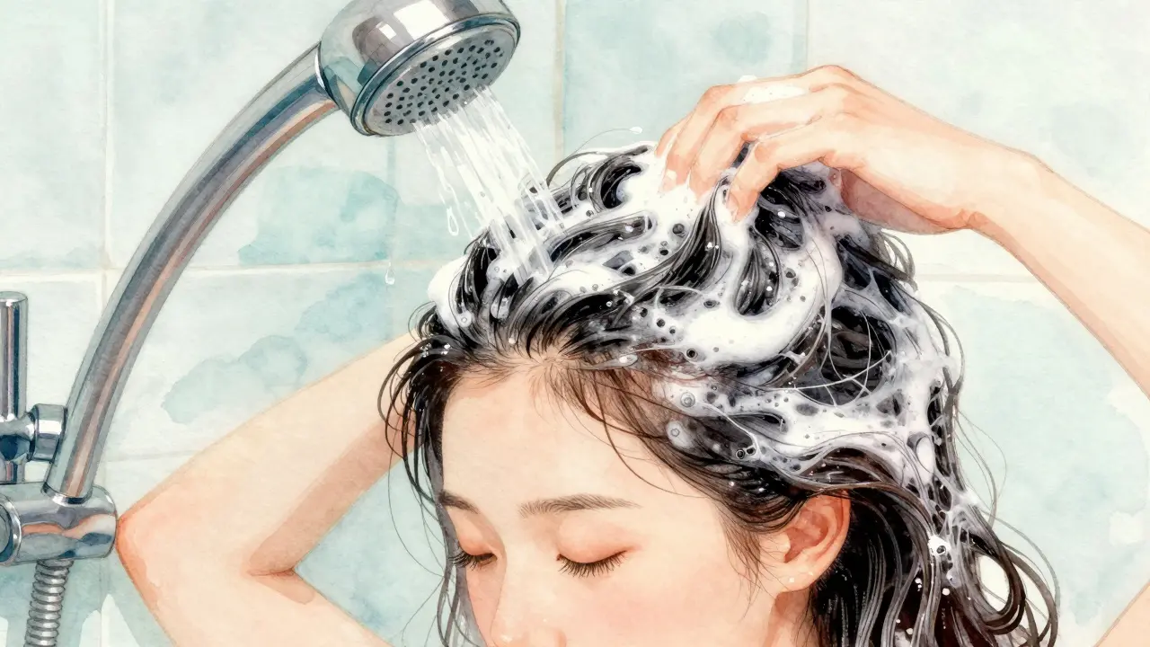 Žena aplikuje šampon na kořeny a kondicionér na končetiny vlasů