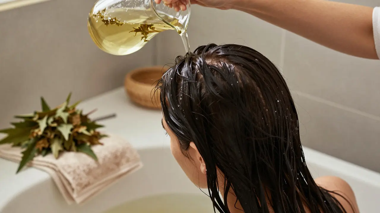 Žena opolévá vlasy kopřivovým vývarem ve koupelně.