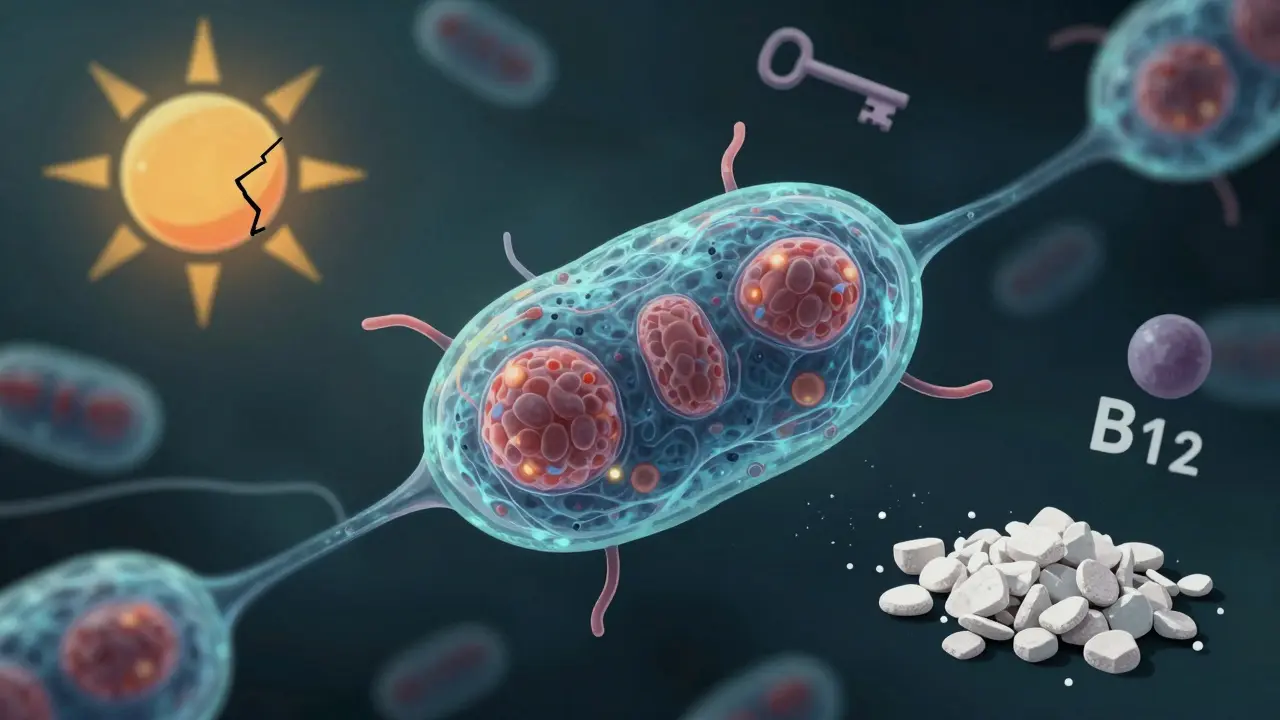 Buňky s neaktivními mitochondriemi a chybějícími vitamíny jako symboly energie.