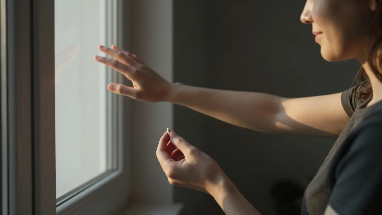 Člověk dosahuje k slunci z tmavé místnosti, drží kvalitní doplněk v ruce.