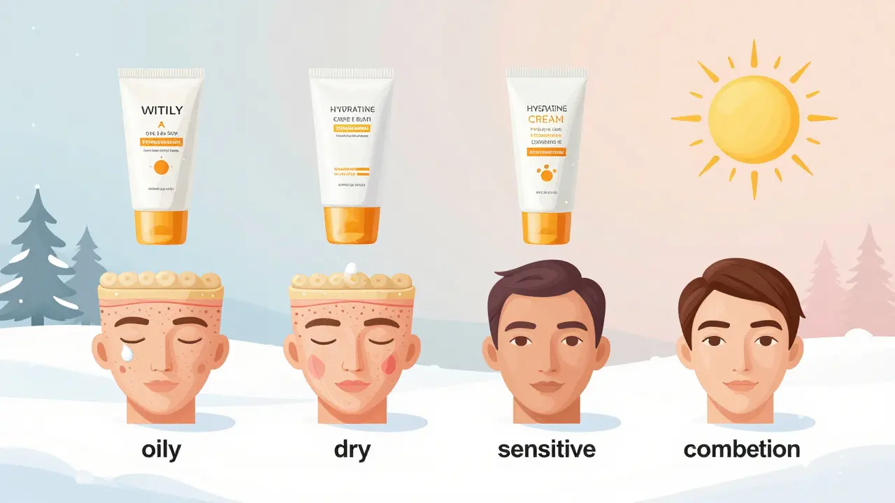 Čtyři typy pleti s příslušnými typy SPF krémů: gel, hydratační krém, minerální a dual-action formulace.