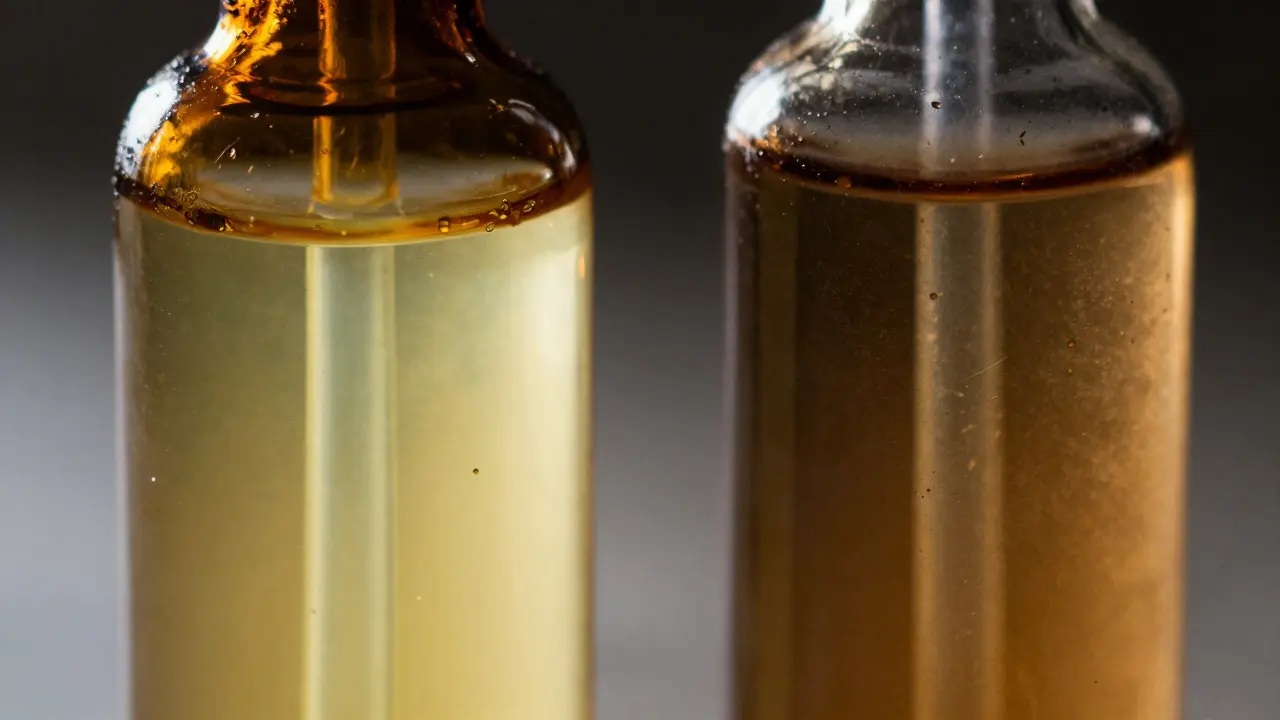 Dva lahvičky vitamínu C: jedna čerstvá žlutá, druhá oxidovaná hnědá.