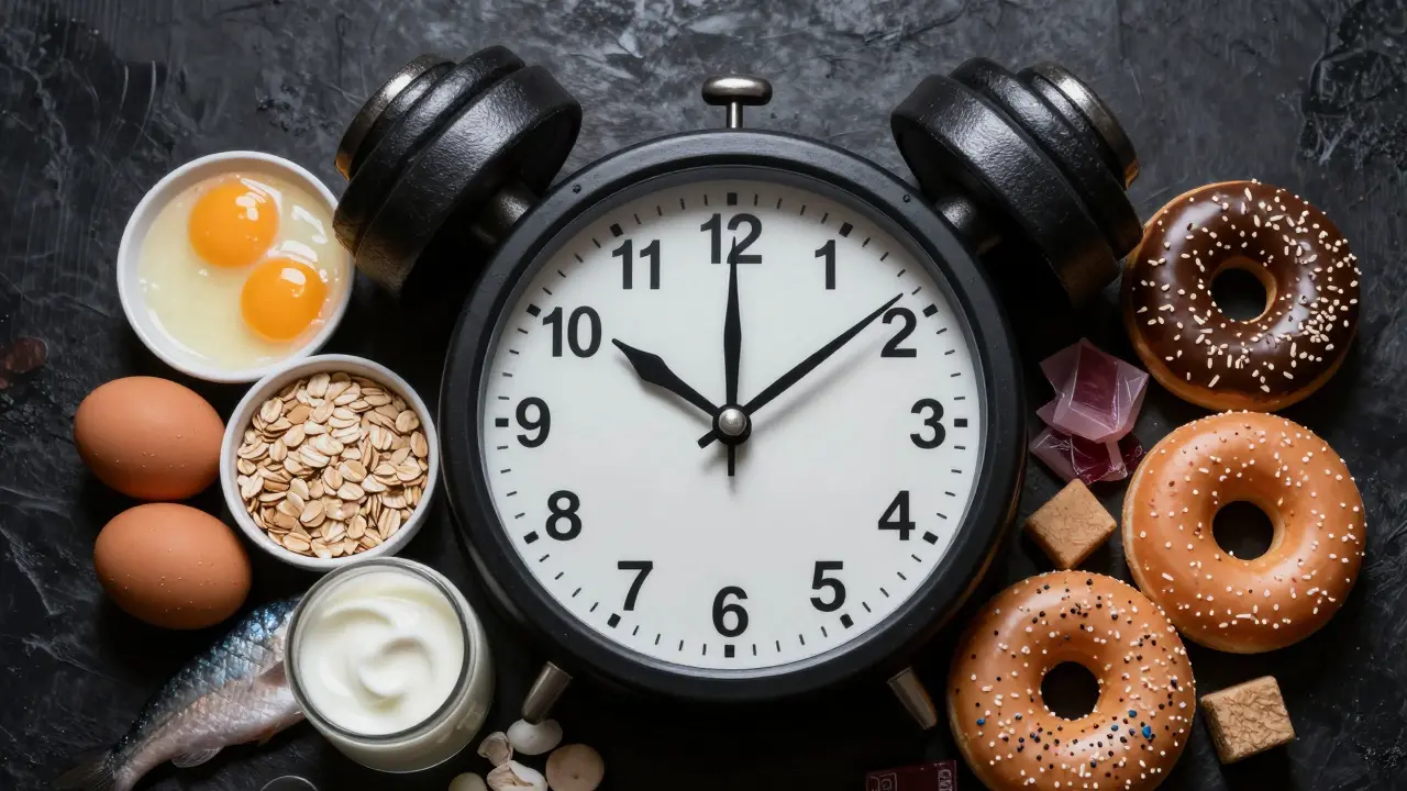 Hodiny s číselníkem tvaru činku ukazují 0-60 minut po tréninku s výživou na jedné straně a škodlivými potravinami na druhé.