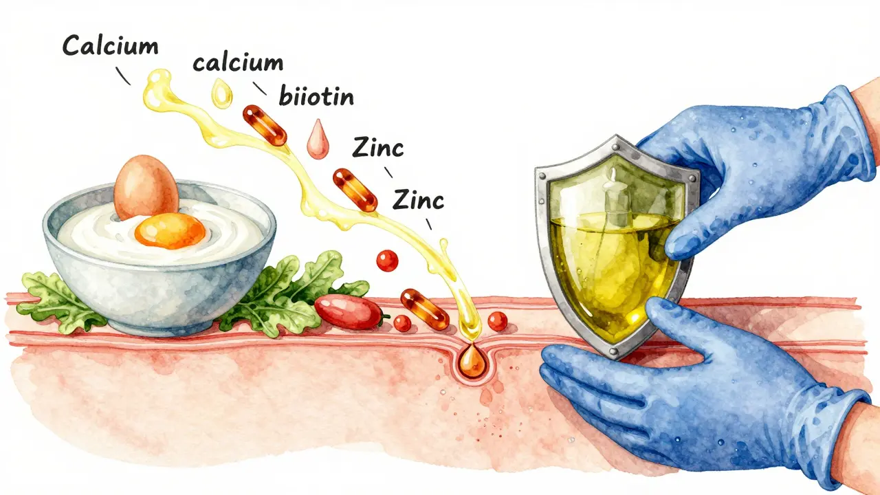 Křížový řez nehtu s živinami proudícími z potravin a ochrannými prvky.