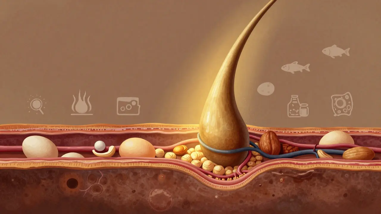 Křížový řez vlasového folikulu s krevními cévami a živinami