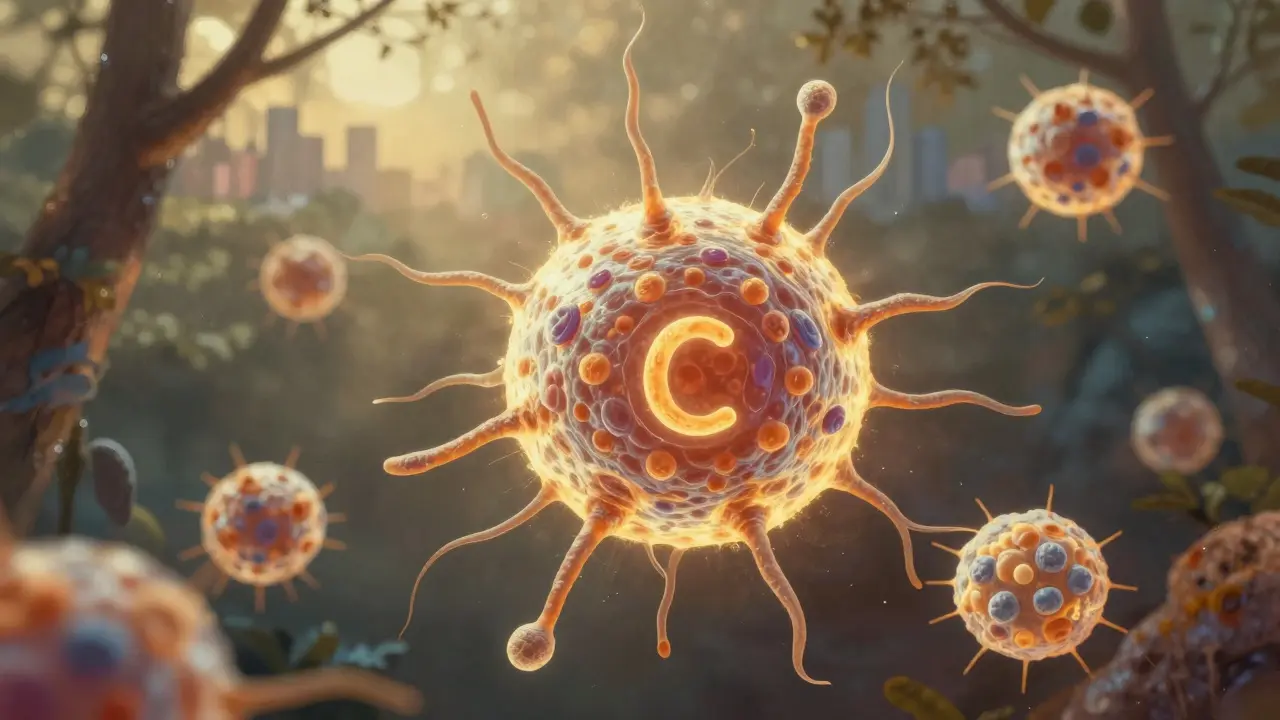 Kulatá buňka s molekulami vitamínu C a mořského kolagenu v přírodě.