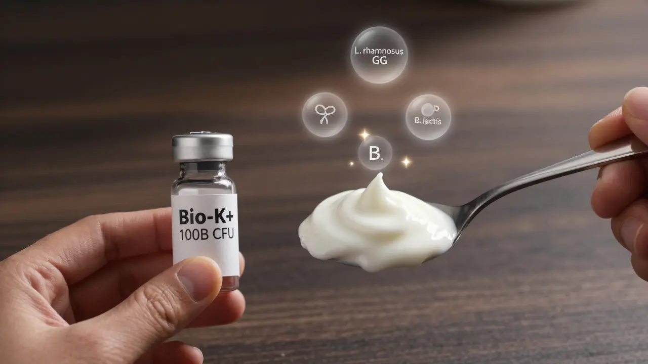 Lahvička Bio-K+ s 100 miliardami CFU vedle jogurtu, s plavajícími ikonami probiotických kmenů.