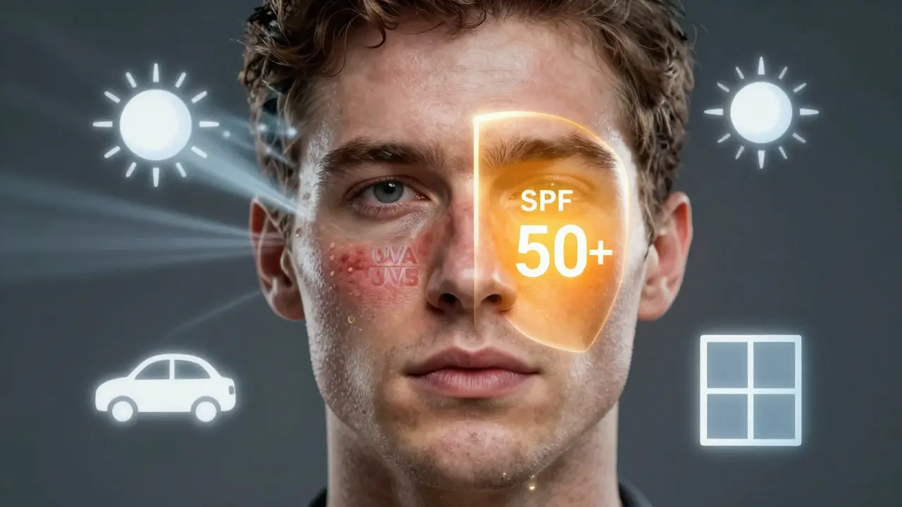 Lidský obličej rozdělený na poškozenou a chráněnou stranu s UV paprsky a ochrannou štítovou bariérou.