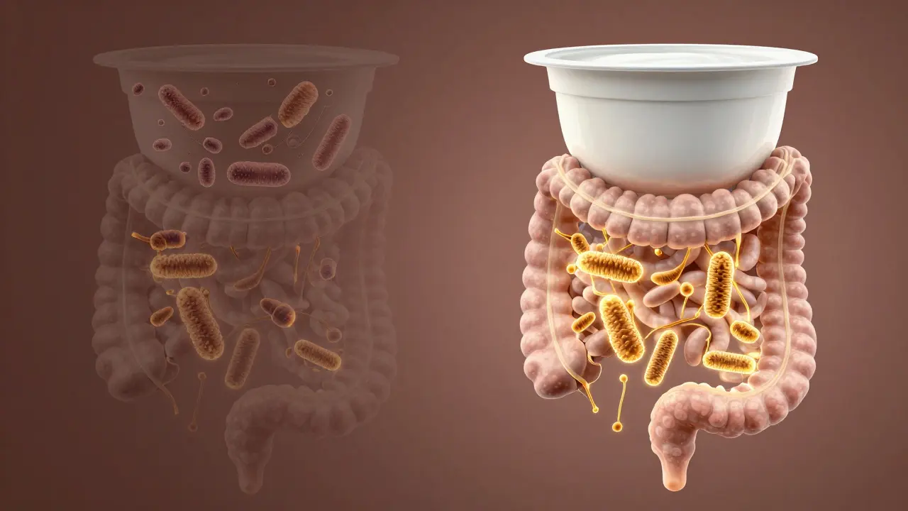 Lidský trávicí systém s živými probiotickými bakteriemi v čistém střevě a slabými v cukerném jogurtu.