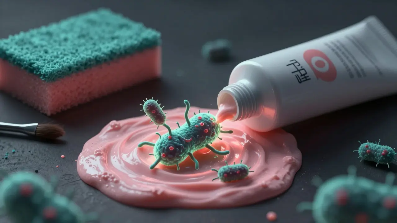 Mikroskopické bakterie ve výplni růžku, zobrazené jako tajemné organismy v kremové barvě.