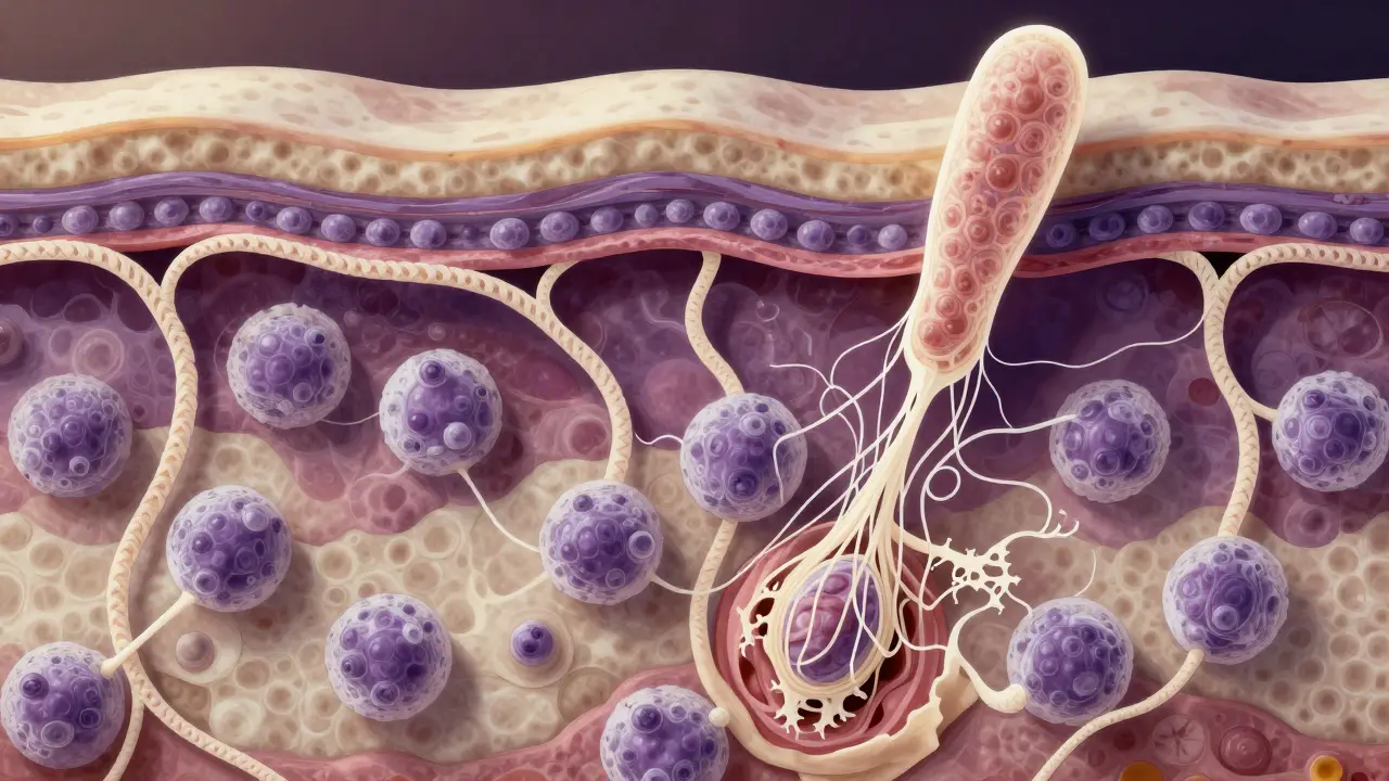 Mikroskopický pohled na vlákna kolagenu v lidské kůži.