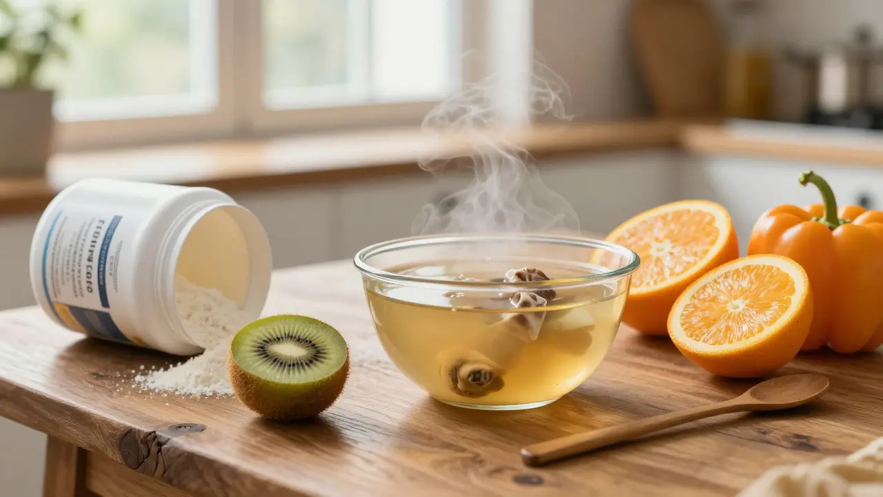 Miska vývaru s ovocem jako zdroje kolagenu.