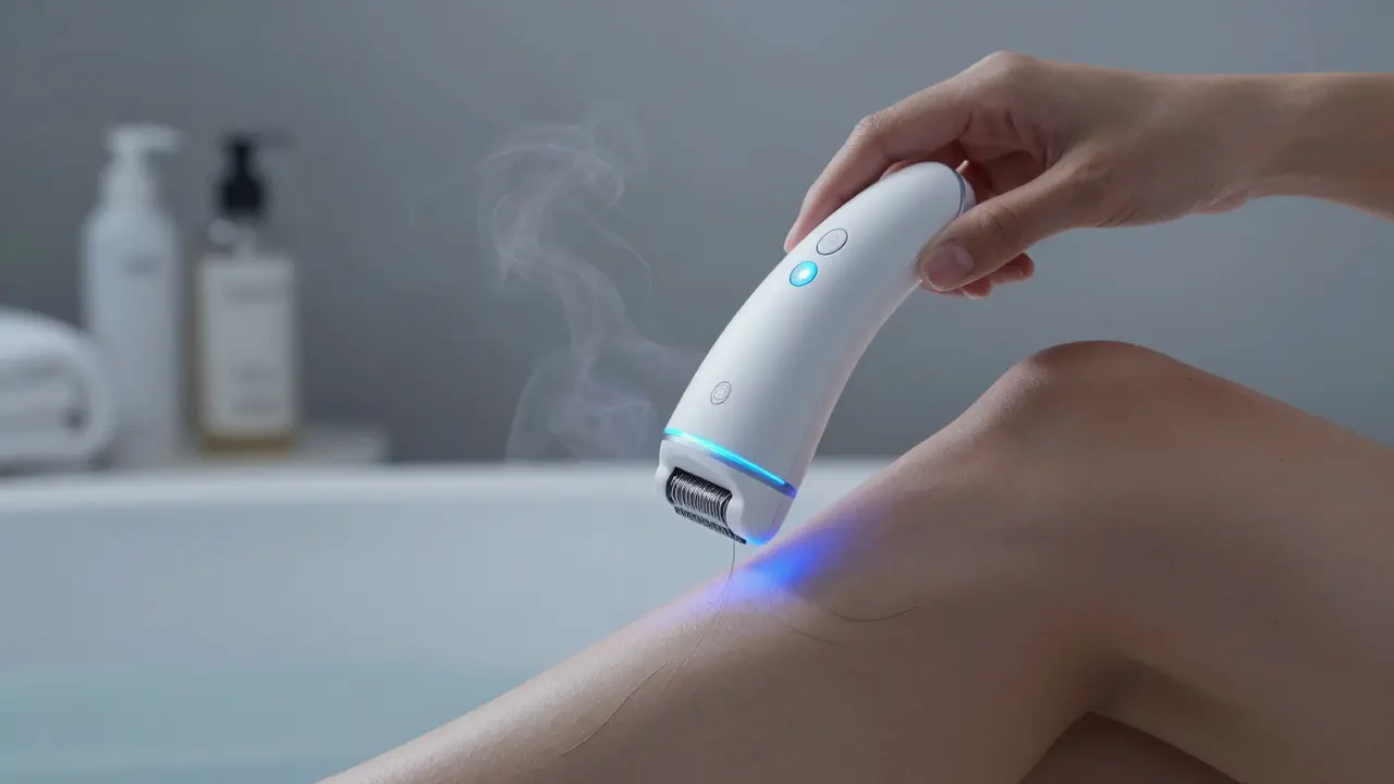 Moderní epilátor odstraňuje chloupky z kůže s chladicím světlem a parou z koupelny.