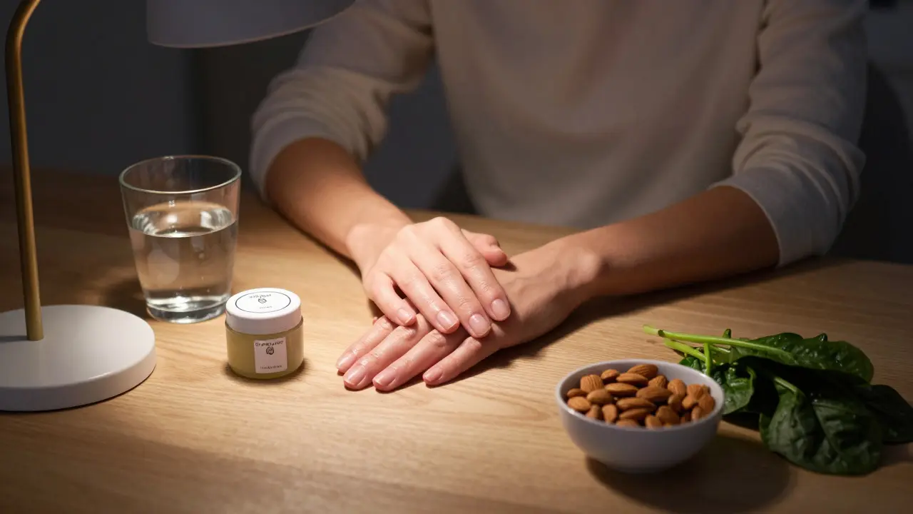 Nechané nehty v klidu večer s vodou a zdravými potravinami.