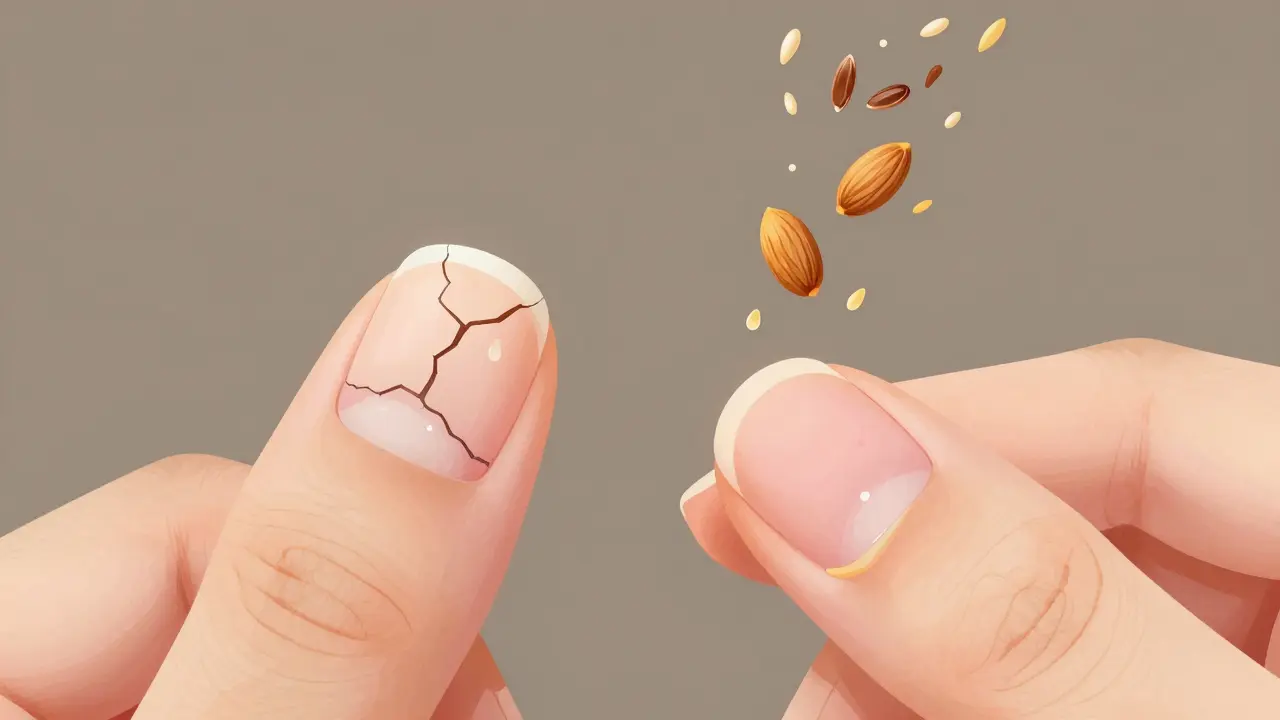 Porovnání poškozeného a obnovujícího se nehtového lůžka s přírodními látkami, které podporují regeneraci.