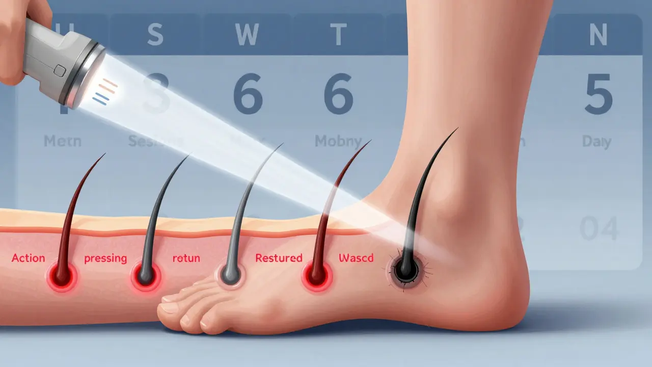 Přehled lidské nohy s prokreslenými vlasovými folikuly v různých fázích růstu, laserový paprsek je vidět jako zdroj ničení.