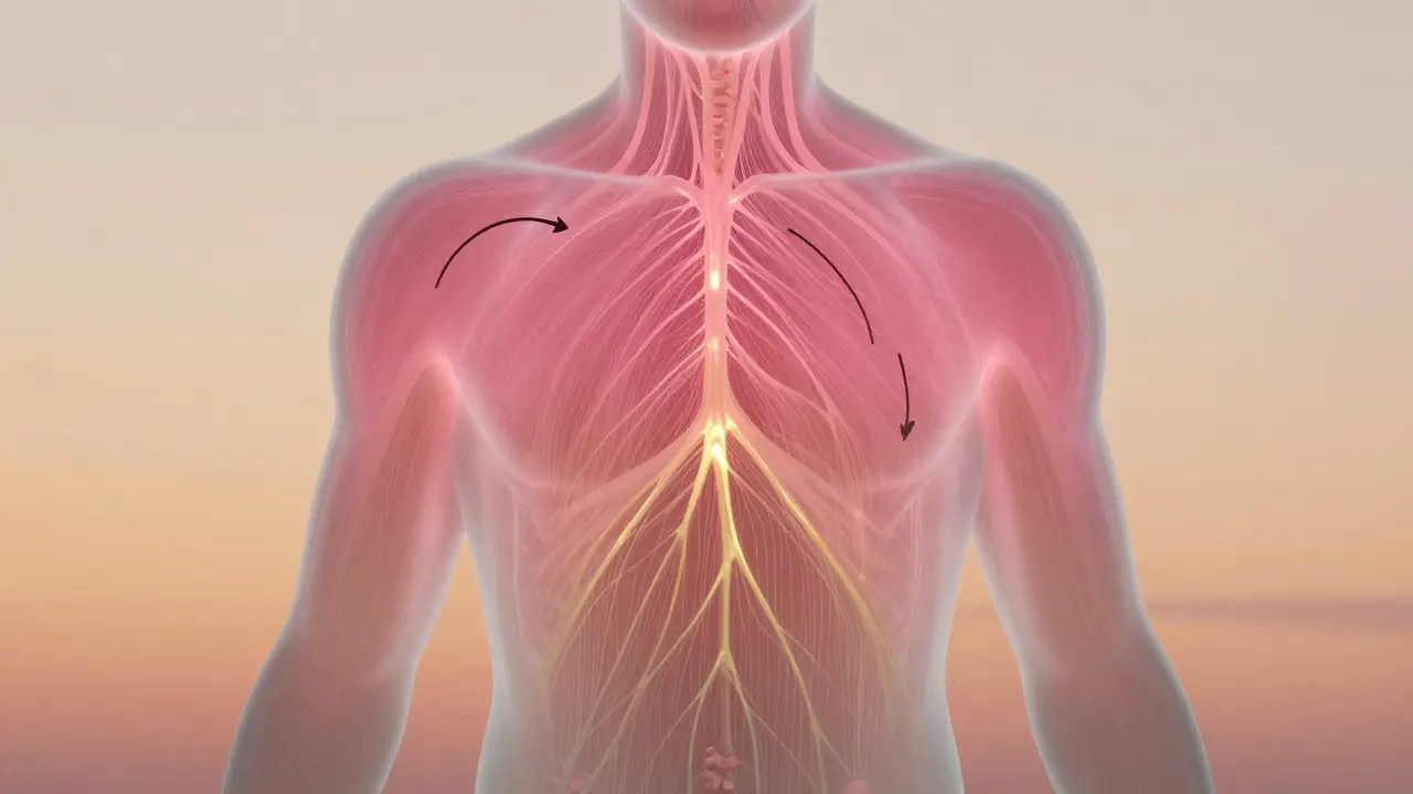 Průhledný lidský silueta s obnovovanými kolagenovými vlákny pod kůží, teplé barvy.