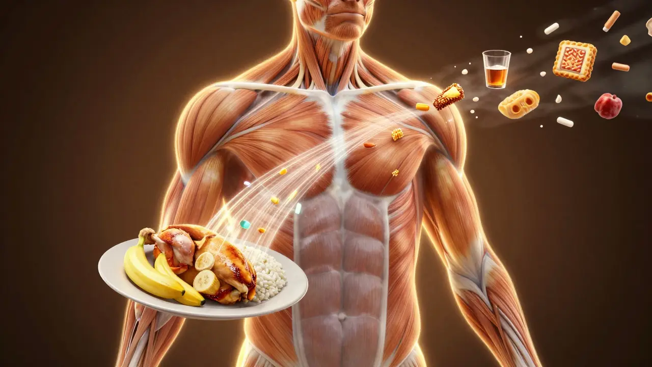 Průhledný lidský sval se obnovuje s proudy bílkovin a uhlohydrátů, zatímco škodlivé potraviny mizí ve stínu.