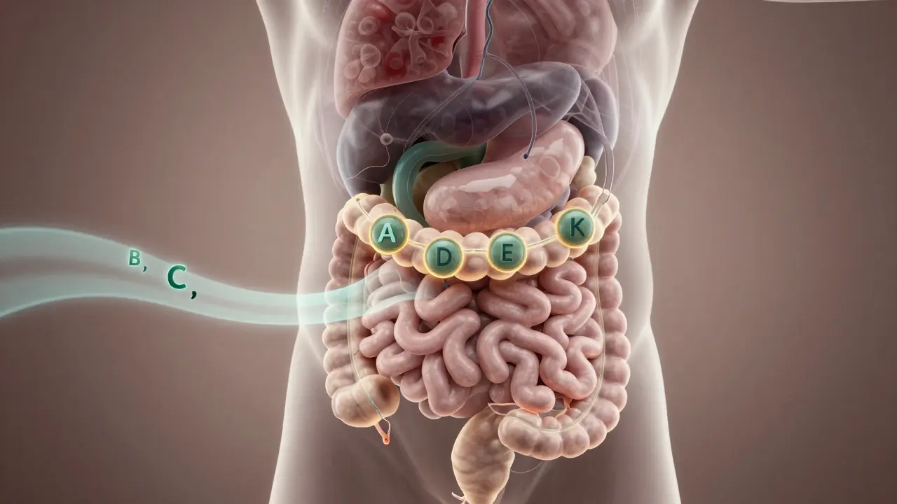 Průřez lidského trávicího systému ukazující vstřebávání tukově rozpustných vitamínů s tuky ve střevech.