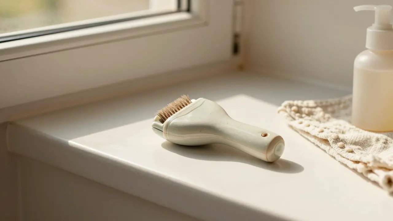 Starý, ale stále funkční krystalický odstraňovač na slunečném okenním patě v koupelně.