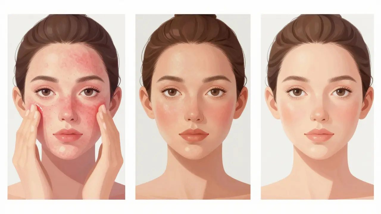 Tři stadia reakce pleti na retinol: podrážděná, vyvážená a zdravá kůže.