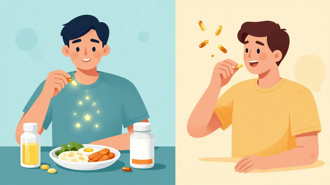 Umělecké porovnání účinného a neúčinného užívání multivitaminu s jídlem a na prázdný žaludek.