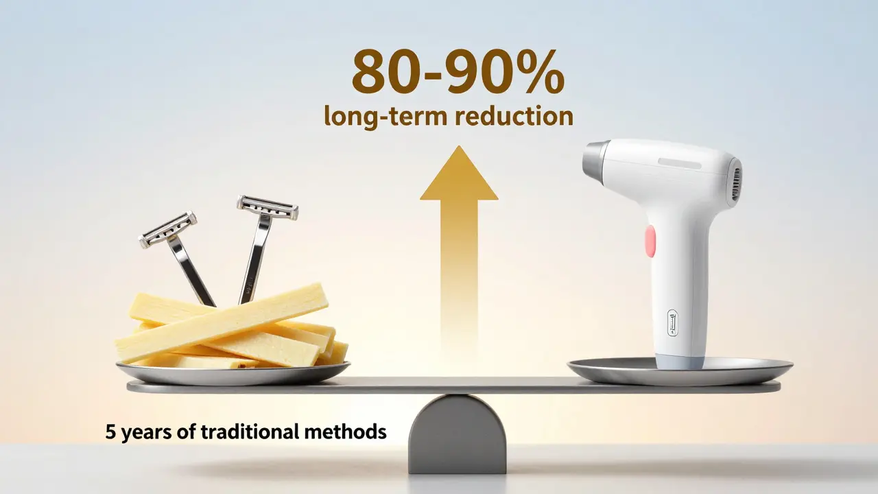 Váha s tradičními metodami epilace na jedné straně a laserem s údržbovým sezením na druhé, symbolizující trvalé zmenšení vlasů.