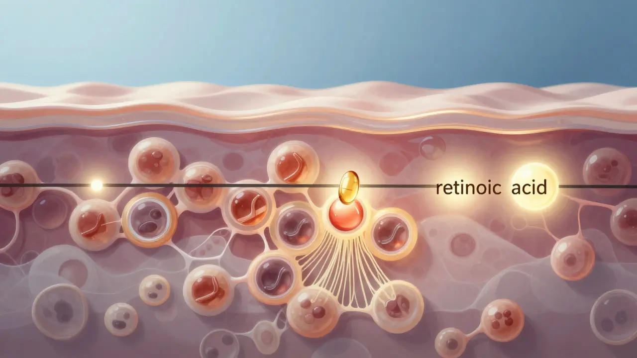 Vnitřní proces obnovy pleti: staré buňky odcházejí, kolagen se tvorí.