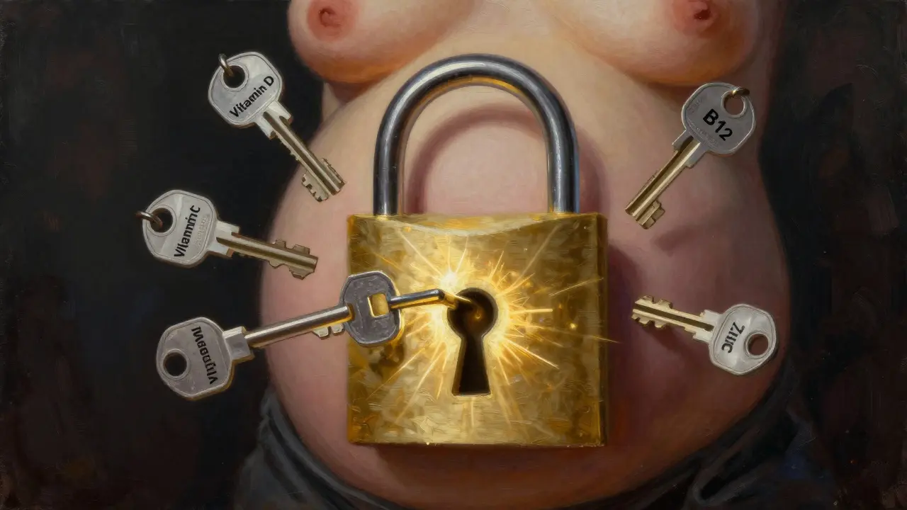 Zámek tvaru břicha otevíraný pěti klíči s názvy vitamínů a minerálů