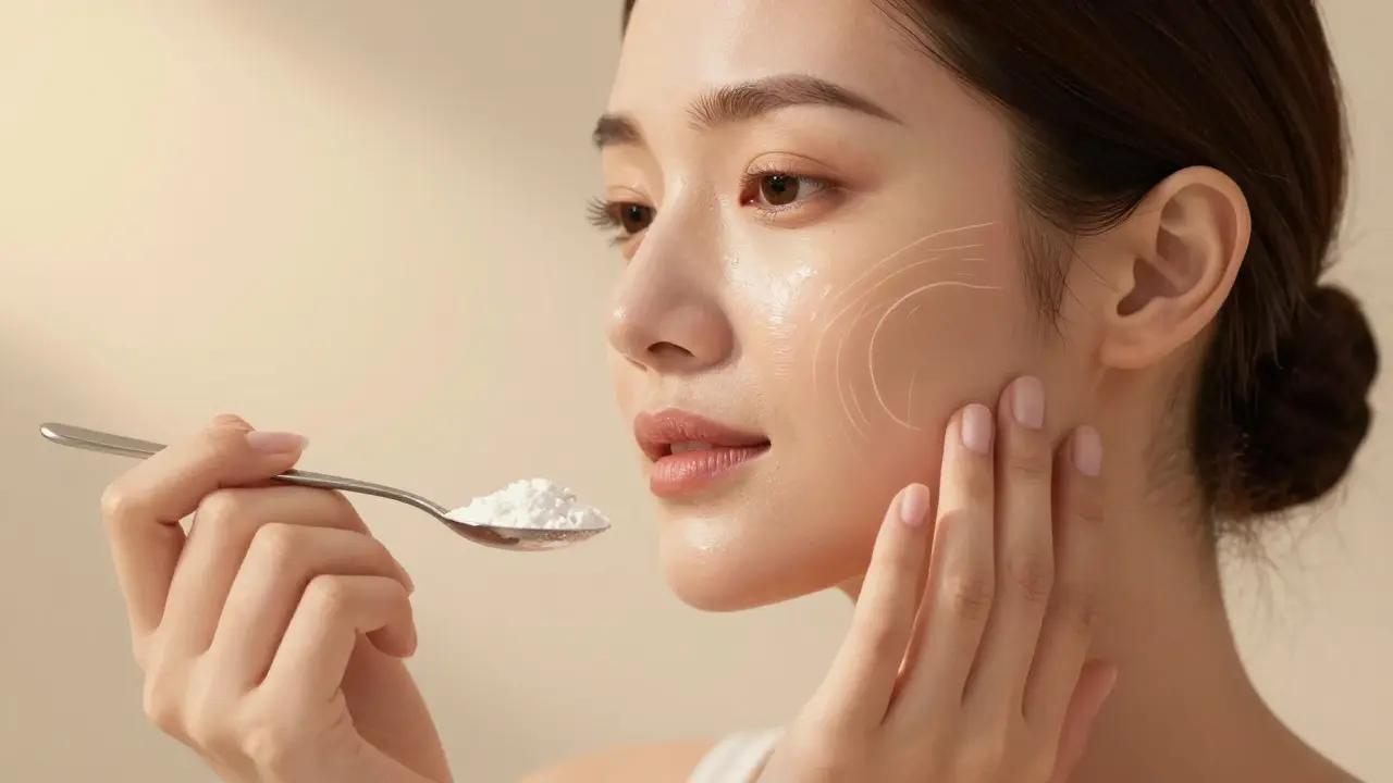 Žena dotýkající se své zářivé kůže, drží lžičku rybího kolagenu v ruce.