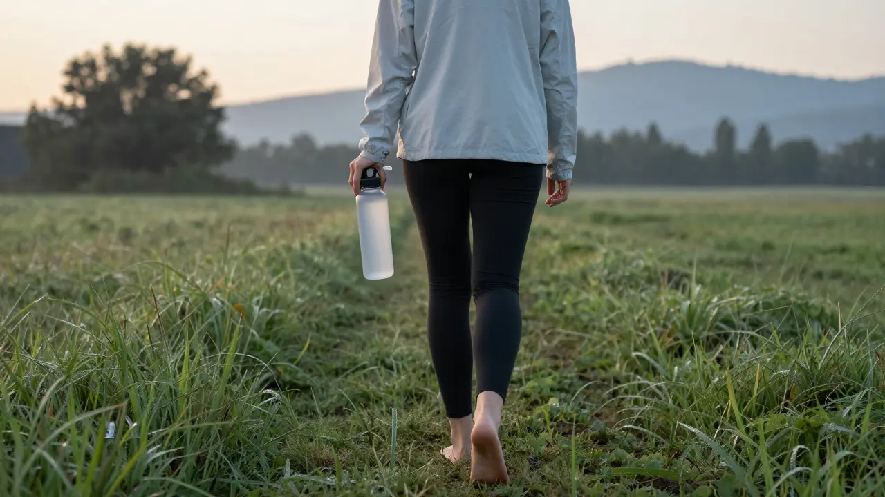 Žena prochází trávníkem na ranním slunci s láhvičkou kolagenu v kapse.