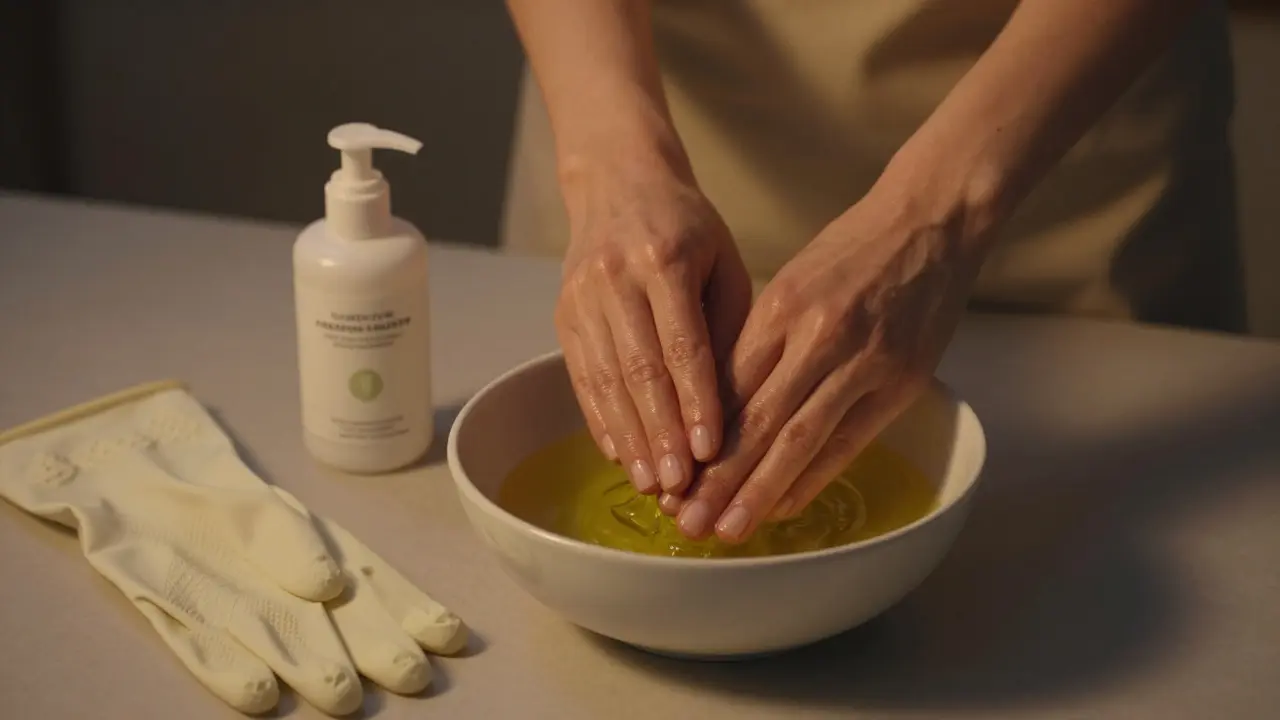 Žena si koupel v teplém olivovém oleji před spaním, rukavice a bezacetonový odstraňovač vedle.