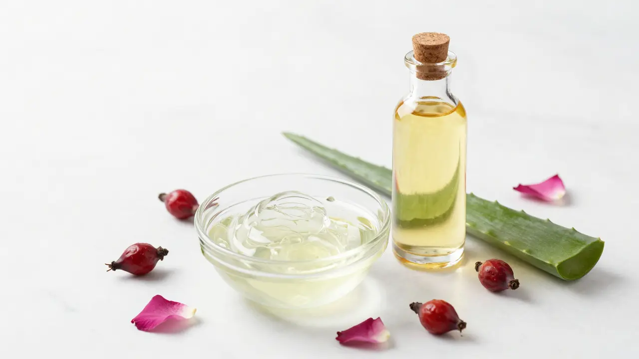 Arganový olej, aloe vera a šípkové růže na mramorovém podkladu.