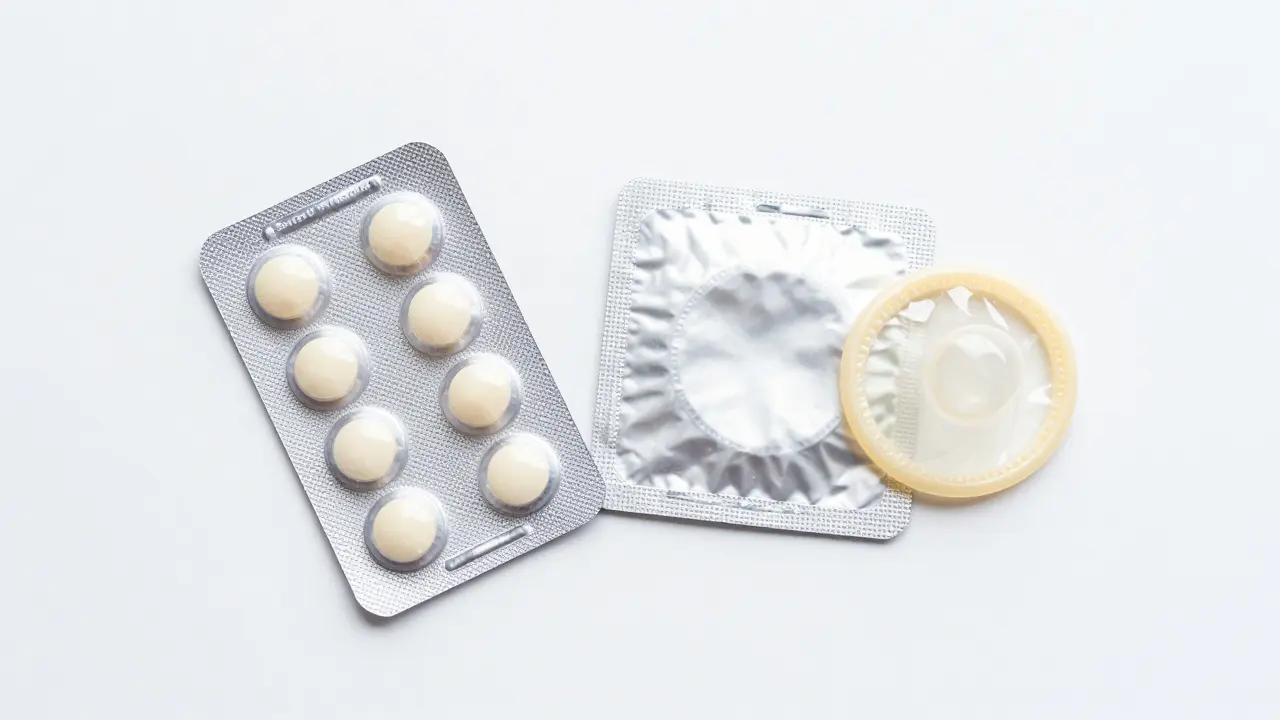 Blister s antikoncepčními pilulkami a kondomem na bílém podložce.