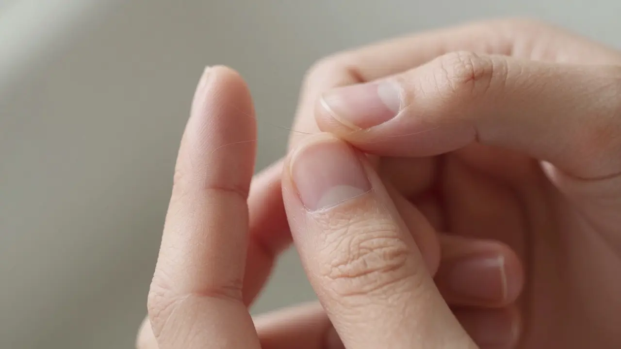 Close-up ruky provádějící hmatový test jemného vlasu mezi prsty.