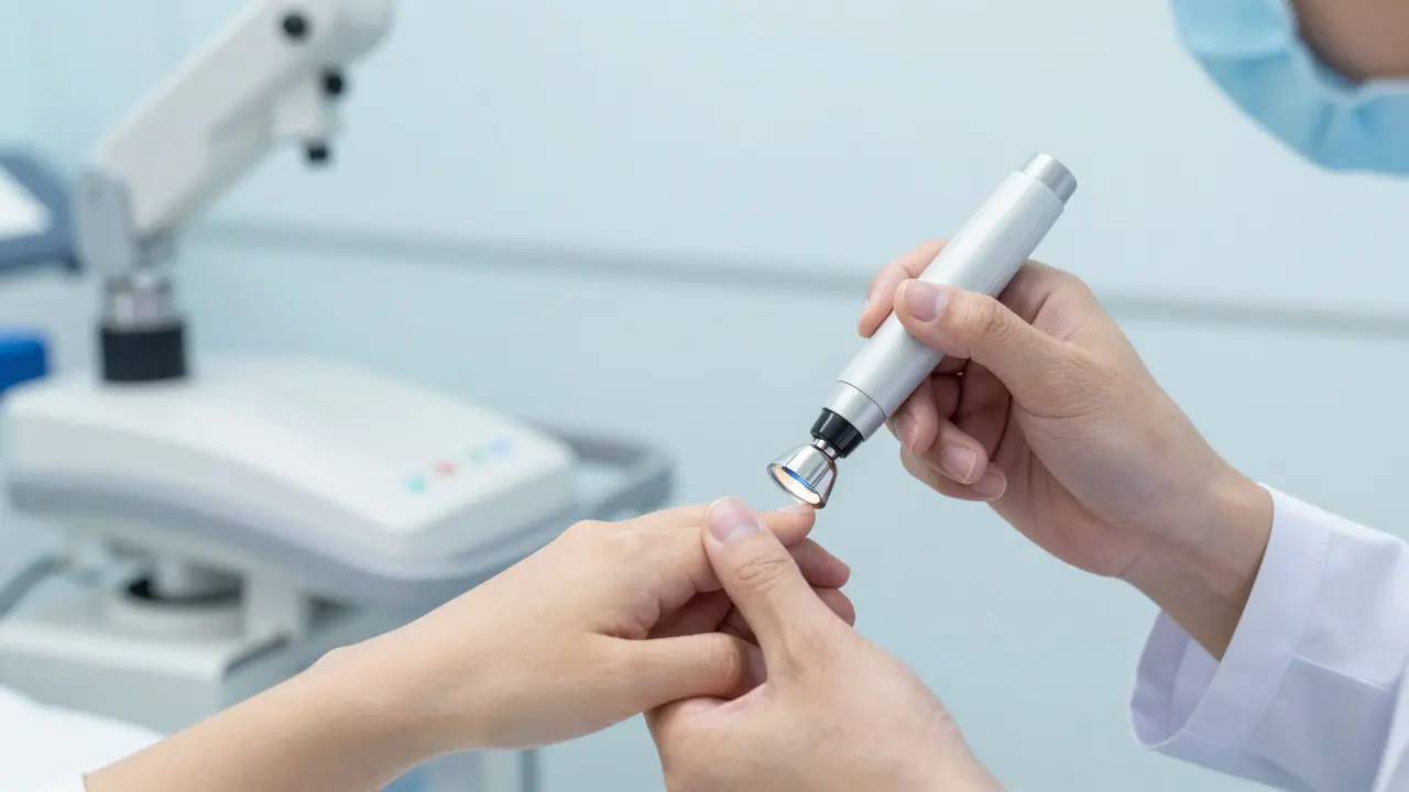 Dermatolog vyšetřující nehet pomocí dermatoskopu.